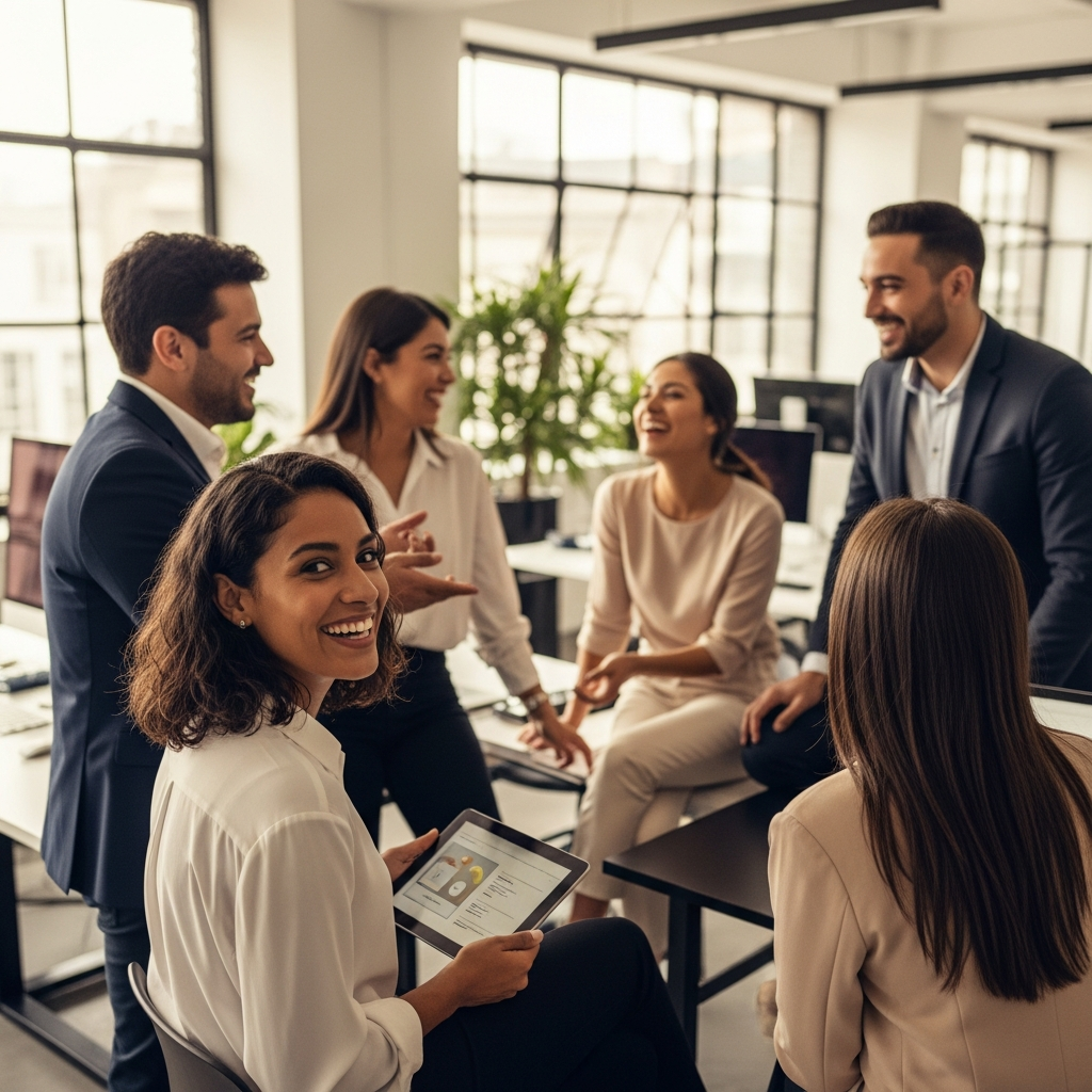 happy Latin American office employees in a modern bright workspace, team culture moment, casual and professional, smiling and engaged, warm tones, editorial photography style