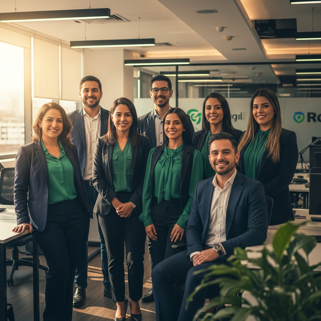 Latin American professionals in a bright modern Bogotá office, warm sunlight, team members smiling at camera, professional nearshore environment, editorial magazine style, navy and green color tones