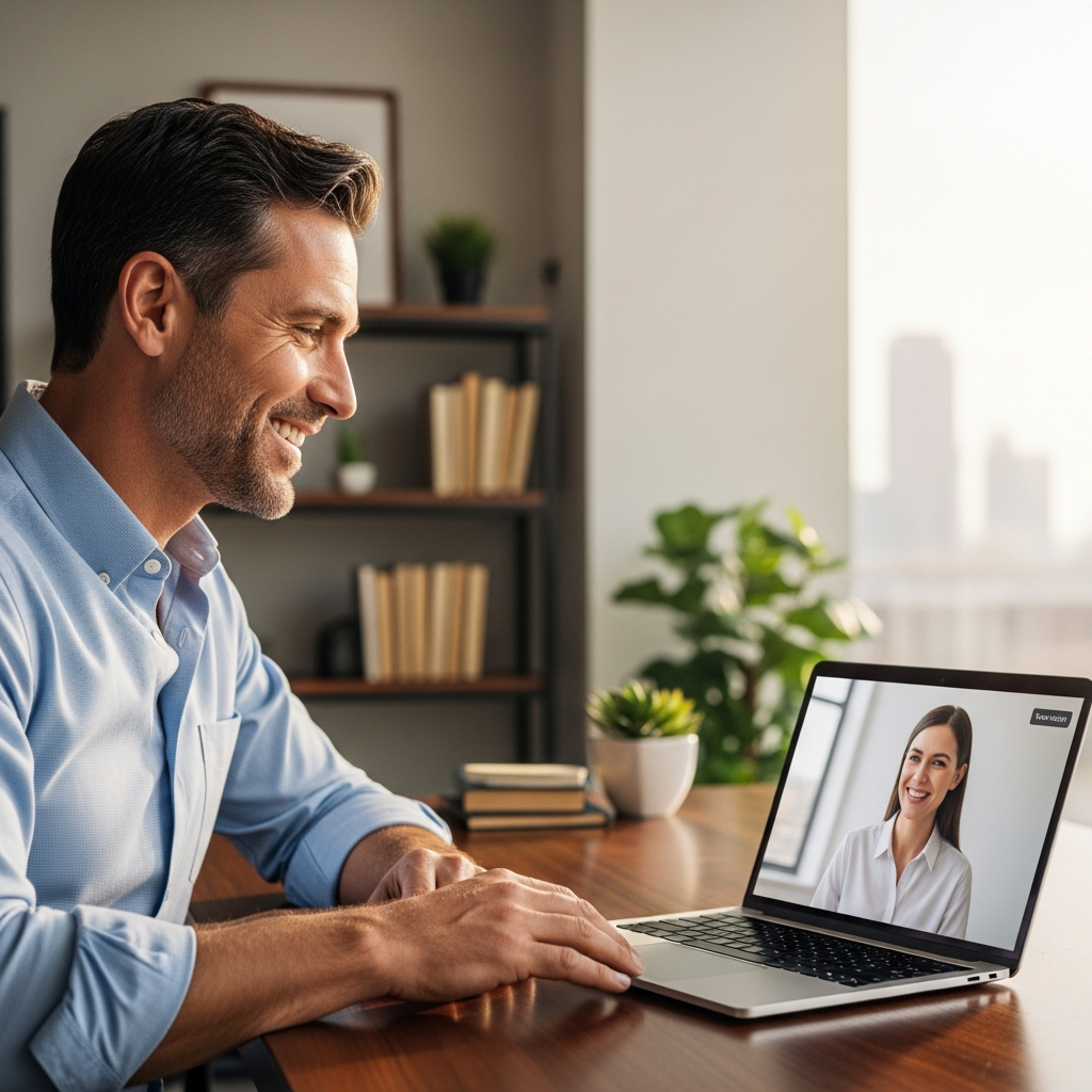 US business owner smiling on a video call with a talent consultant, laptop open, warm professional office, confident and engaged, editorial natural light style, nearshore staffing consultation