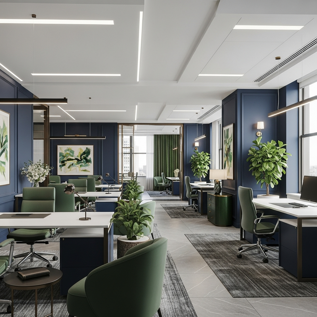 professional services office environment, law firm and accounting office interiors, polished corporate spaces, editorial overview style, navy and green tones