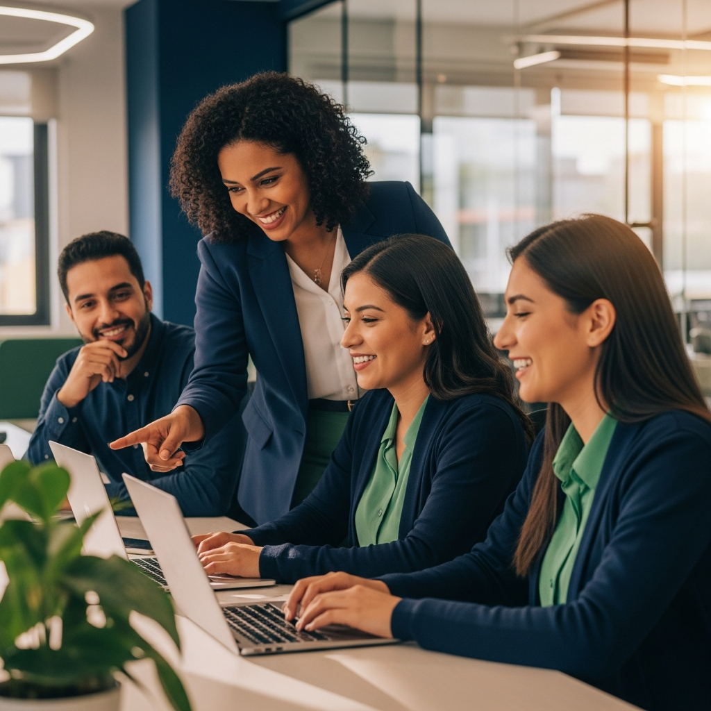nearshore Latin American professionals collaborating in a modern open-plan office in Colombia, warm natural window light, diverse team of three smiling people working at laptops, editorial documentary style, navy and green tones