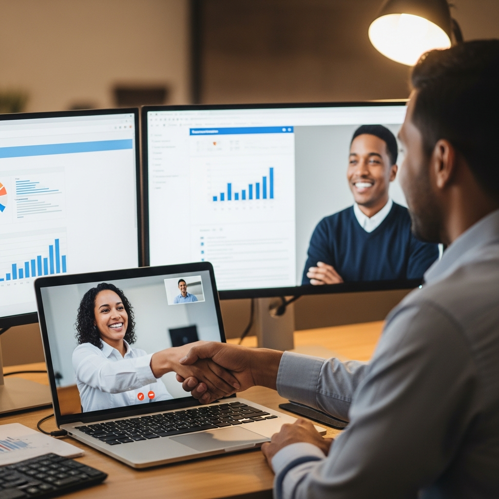 nearshore staffing professional shaking hands with US business owner over a video call on laptop, two screens showing collaboration, professional office setting, warm confident tones, editorial documentary style
