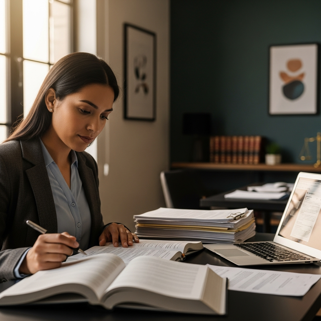 nearshore Latin American paralegal working at desk with legal documents and laptop, professional law office setting, focused and competent, editorial documentary style, warm professional tones