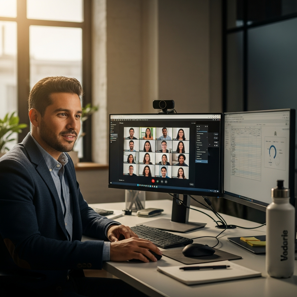 Latin American professional on a video call with US colleagues, dual monitors, modern office environment, focused and engaged, warm daylight, editorial documentary style