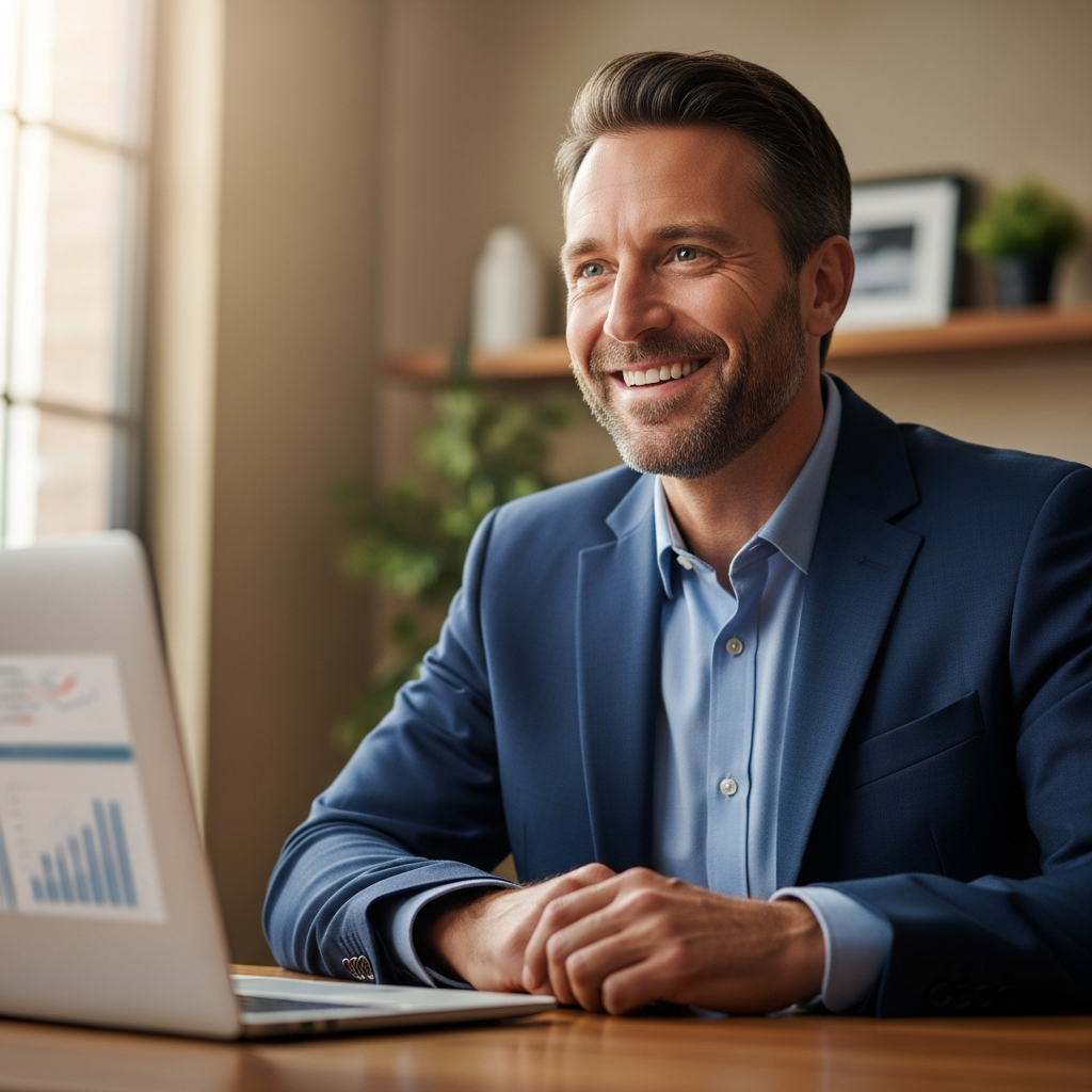 smiling US business owner at desk watching laptop screen, warm office background, approachable and professional, editorial portrait style, natural light