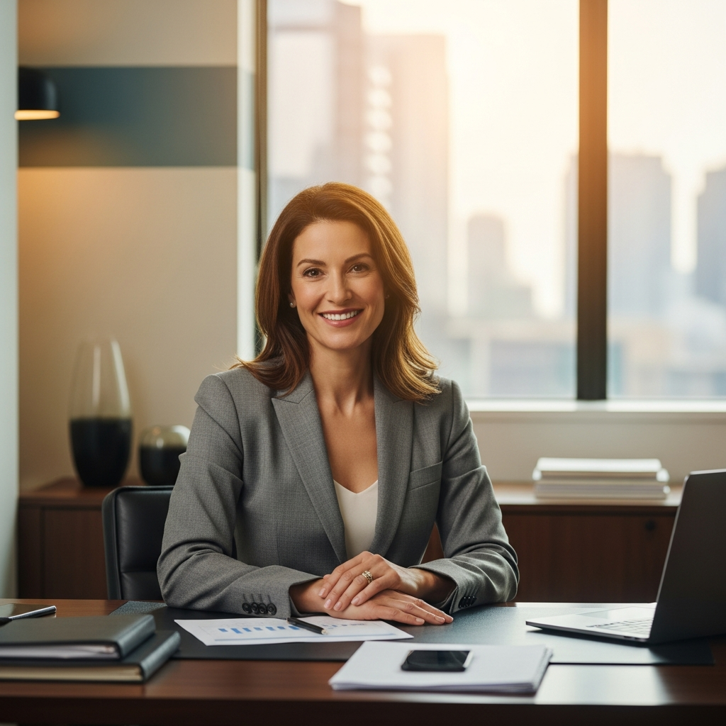 smiling accounting firm owner in modern office, warm window light, confident and approachable, professional setting, editorial portrait style
